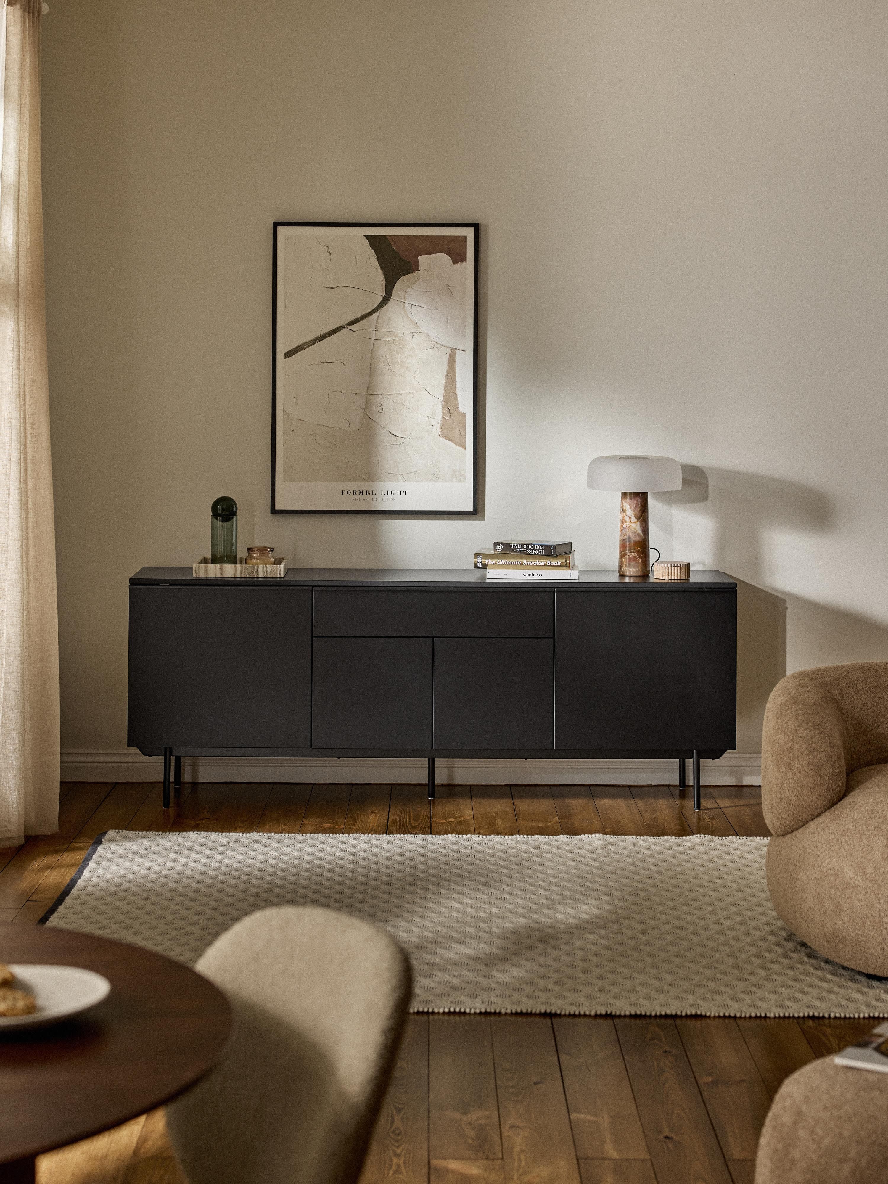Elona Modern Minimalist Dressoir, Mat Siyah, 200 cm