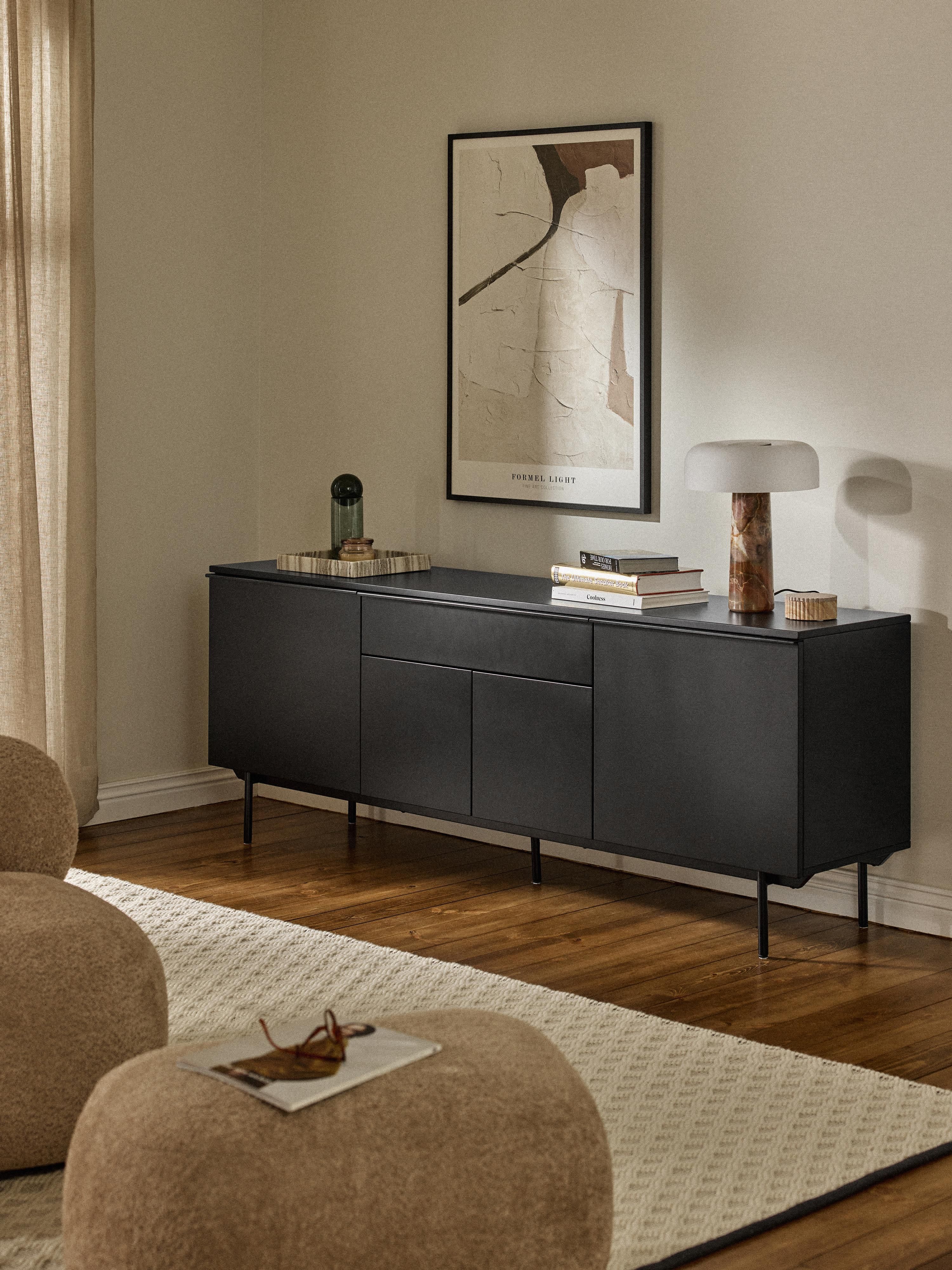 Elona Modern Minimalist Dressoir, Mat Siyah, 200 cm