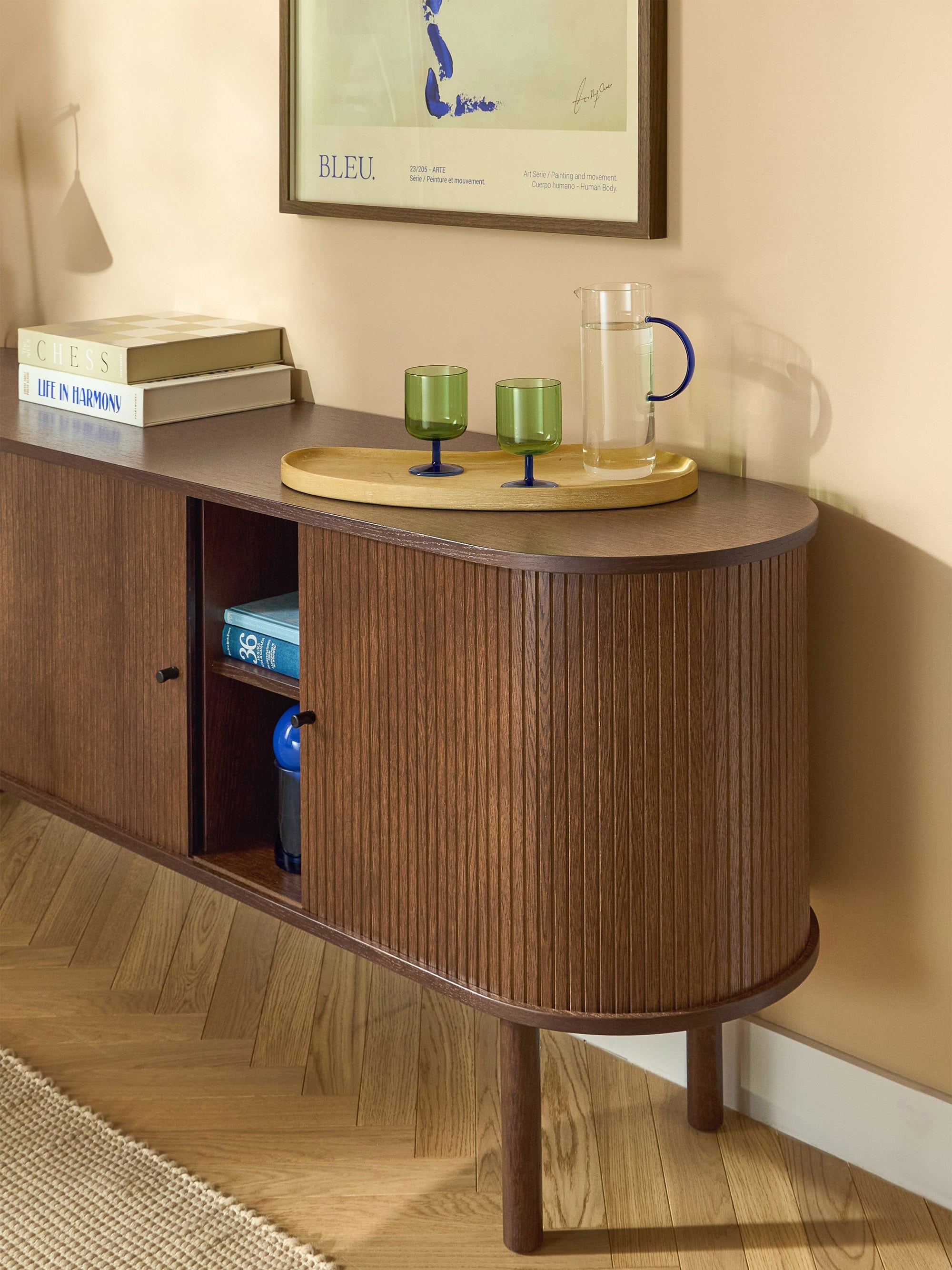 Calary XL Dressoir, Kabartmalı Ahşap Yüzey, Koyu Meşe Kaplama