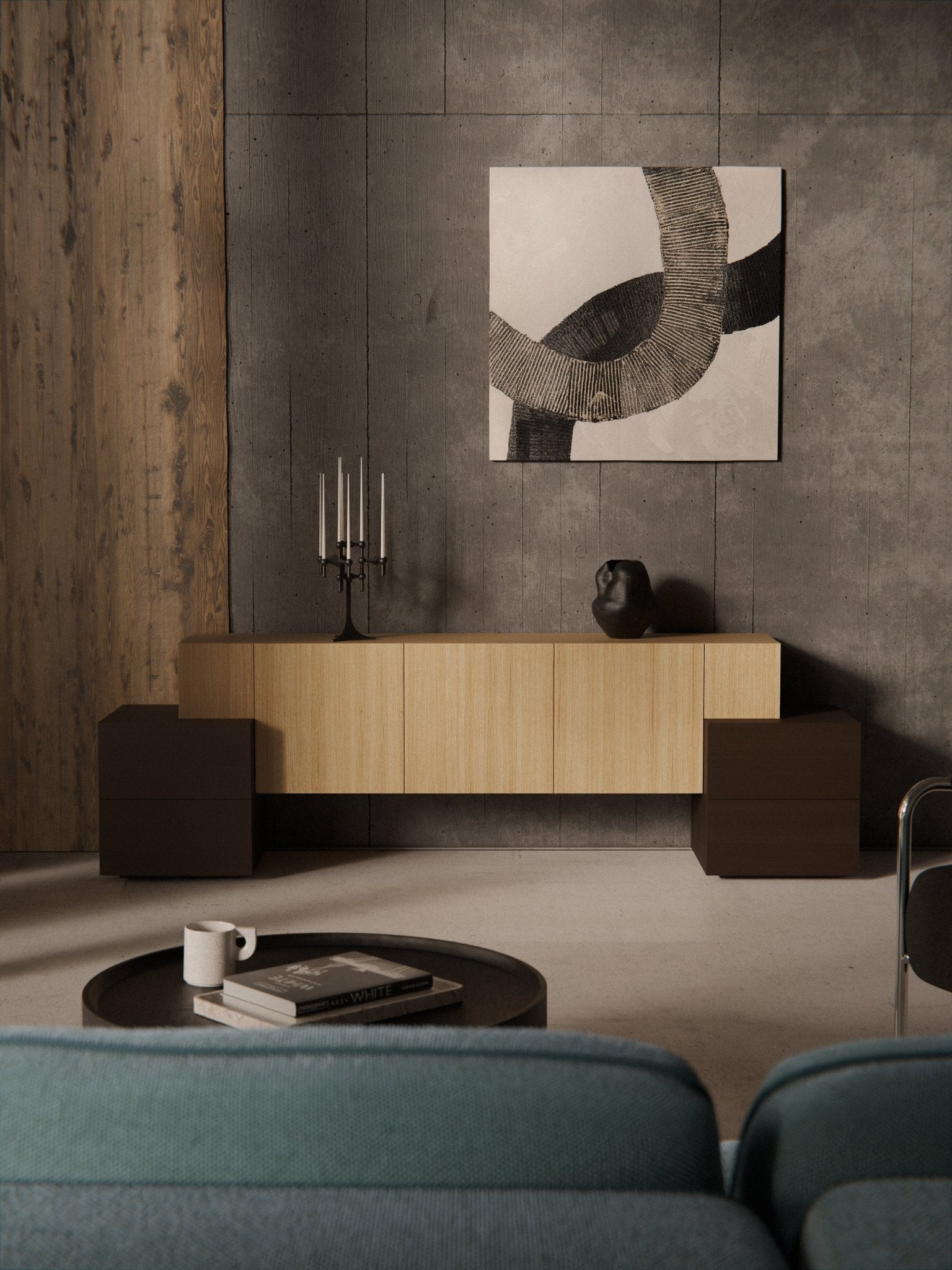 Pino Ahşap Büfe 225 cm Modern Tasarım Koyu ve Açık Ahşap - Velotti