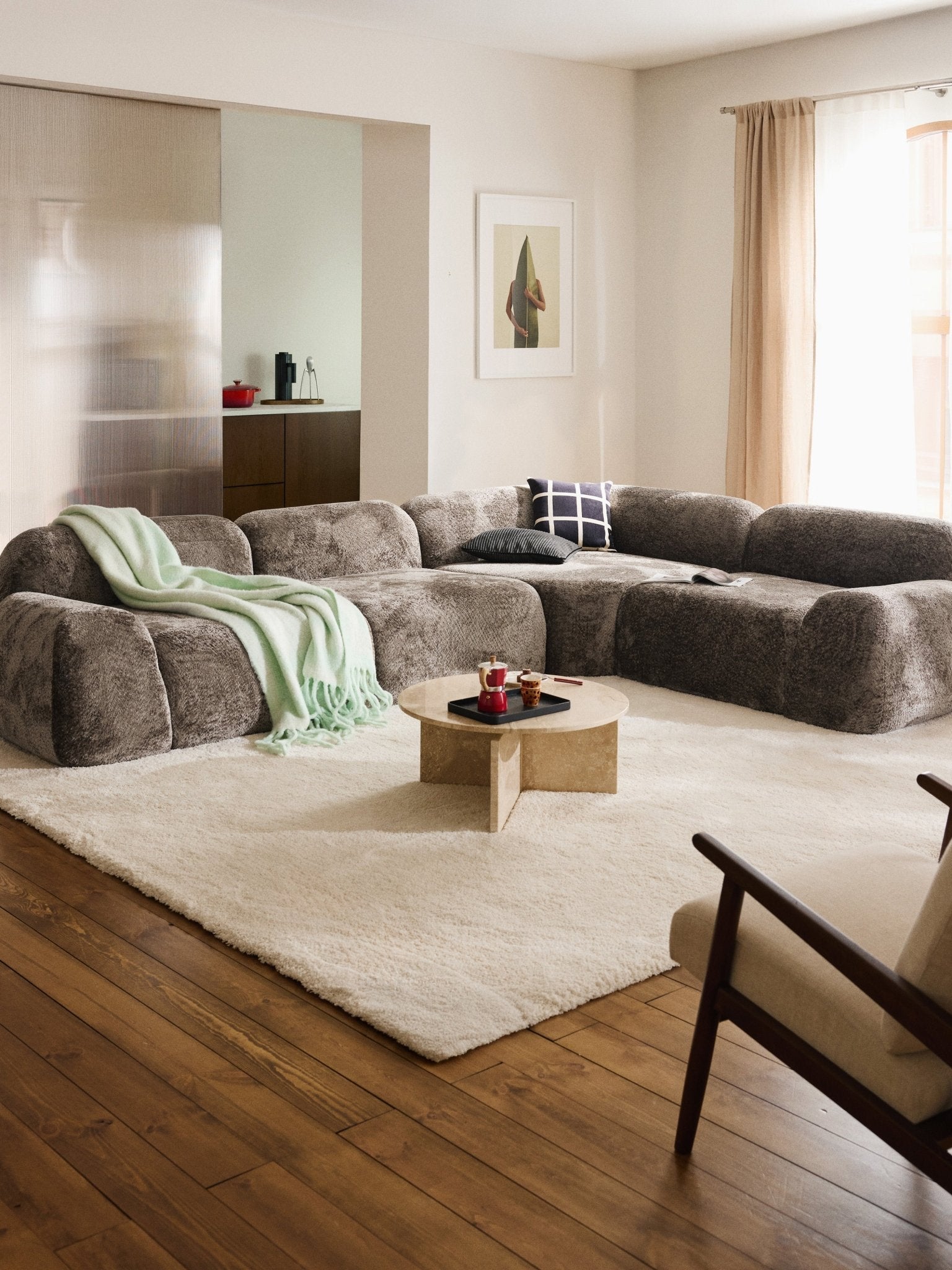 Wolke 4 Kişilik Modüler Köşe Koltuk Teddy Buklet Taupe - Velotti