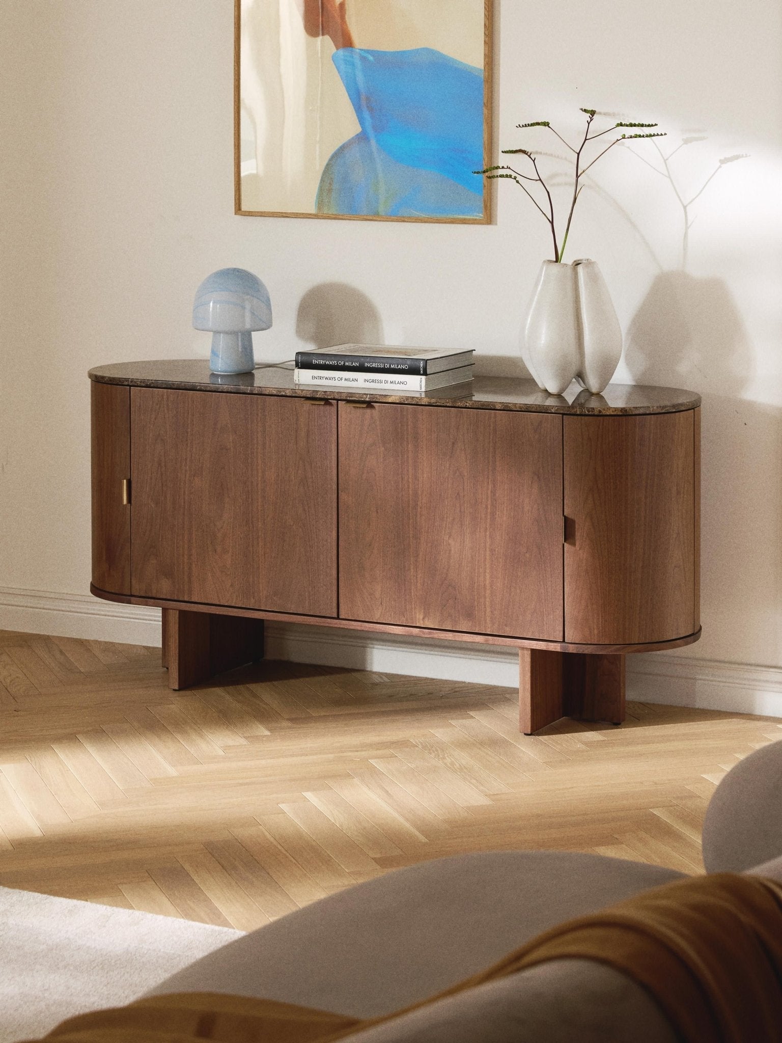 Zumi Masif Ahşap Dressoir, Oval Köşeli ve Mermer Tablalı 160 cm - Velotti